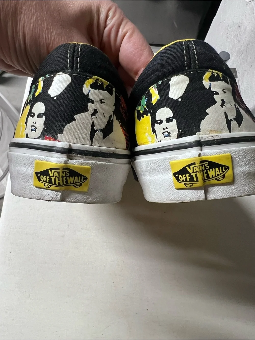 Rare Vans Circle Jerks Black Pop-Art Slip-On Sneakers with Yellow Lining